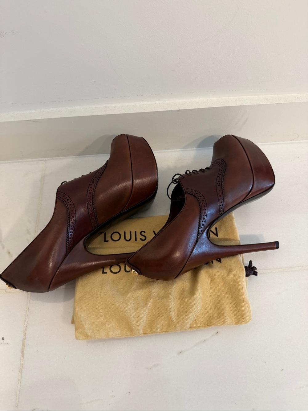 Louis Vuitton Brown Leather Peep-Toe Lace-Up Pumps - Picture 6 of 11
